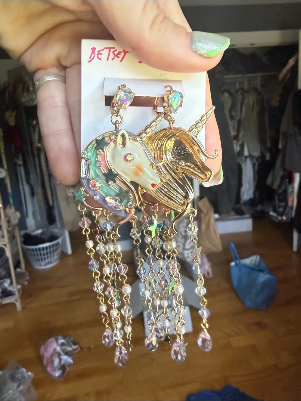 NWT Betsey Johnson Unicorn Fringe Chandelier Earrings
